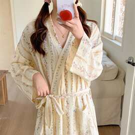 新款睡衣女韩系温柔小碎花简约舒适睡袍宽松慵懒家居服系带浴袍棉