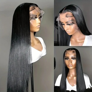 Cross-border Amazon Women's Fashion Natural Black Mid-length Straight Hair Front Lace Lace Wig Full Headgear Wig