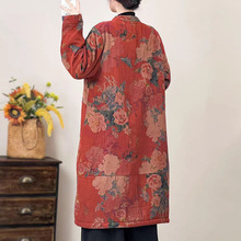 秋冬季新款棉麻女装文艺复古盘扣中长款印花新中式民族风棉衣棉服