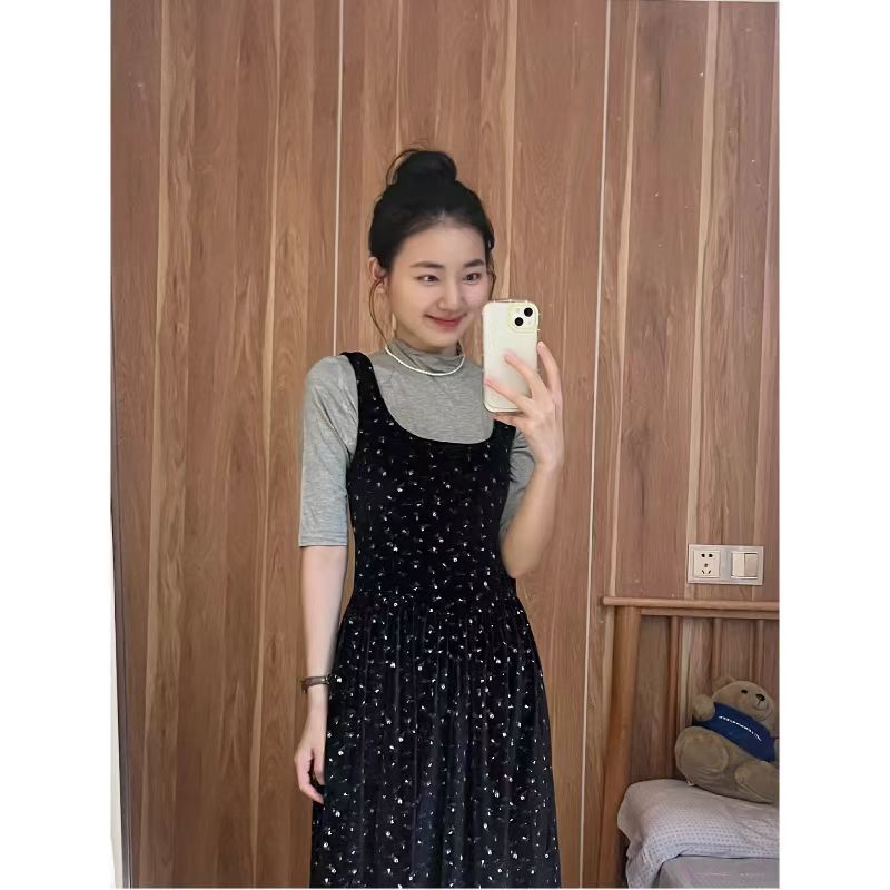 黑色碎花丝绒背带连衣裙女套装宽松显瘦方领气质中长款裙子长裙|undefined
