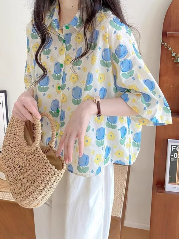 レトロシャツレディース夏の新しいファッション休暇海辺新鮮な小花柄ルーズ半袖シャツ薄手のトップ|undefined