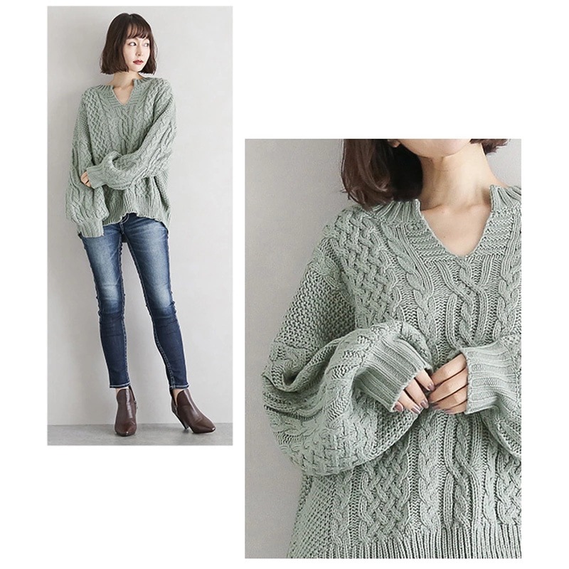 日韓vネックプルオーバー2023新型純色ニット麻花灯籠袖麻花セーター痩せ上着