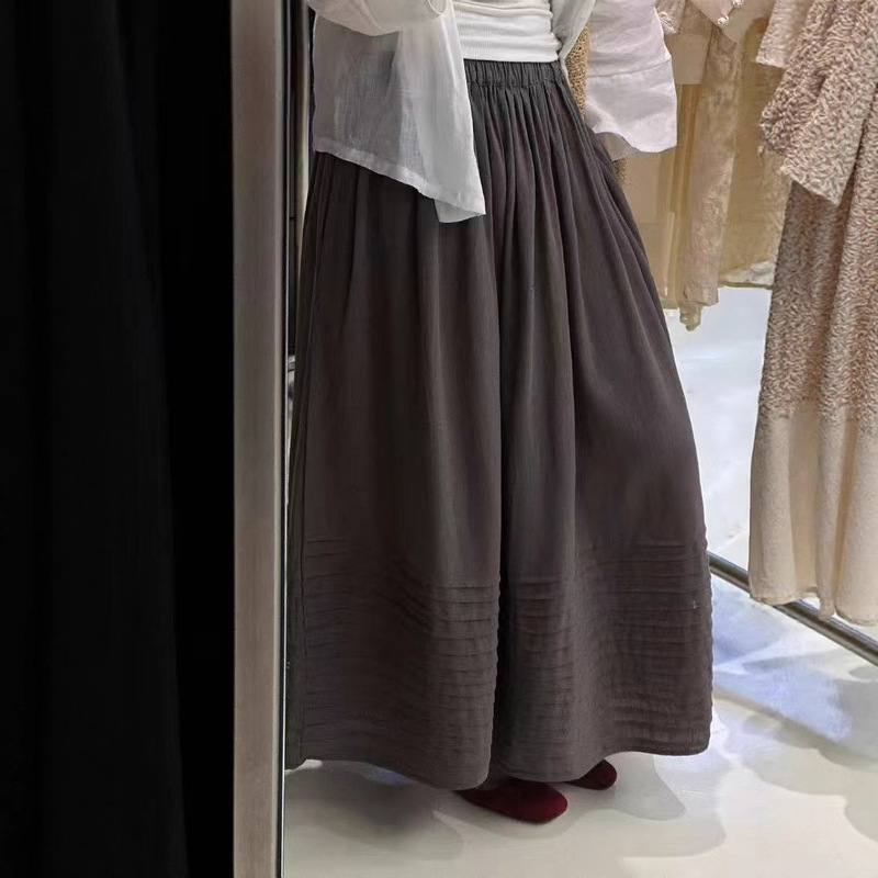 2025早秋 韩版宽松文艺范亚麻风琴褶松紧腰半身裙百搭A字裙女2537|undefined