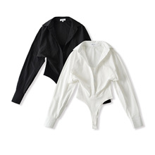 跨境女装批发 秋季新款欧美风时尚休闲纯色假两件衬衫背心连体衣