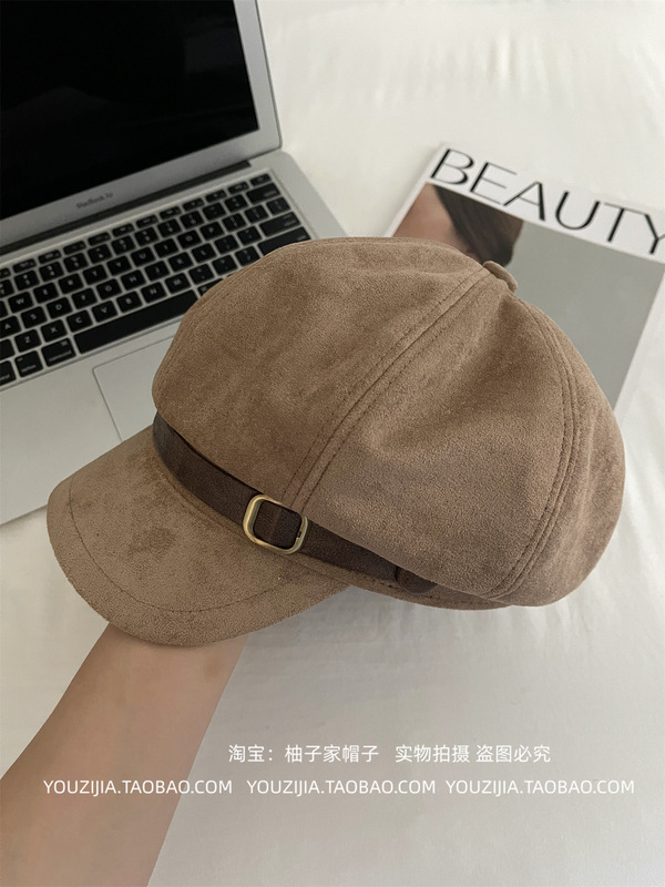 2025秋冬新款麂皮绒复古贝雷帽女韩系做旧潮气质时尚显脸小八角帽|undefined
