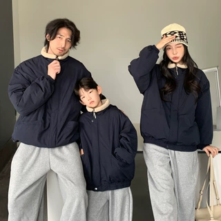 网红亲子装炸街秋冬复古休闲外套一家三口四口毛领加厚棉衣母女装