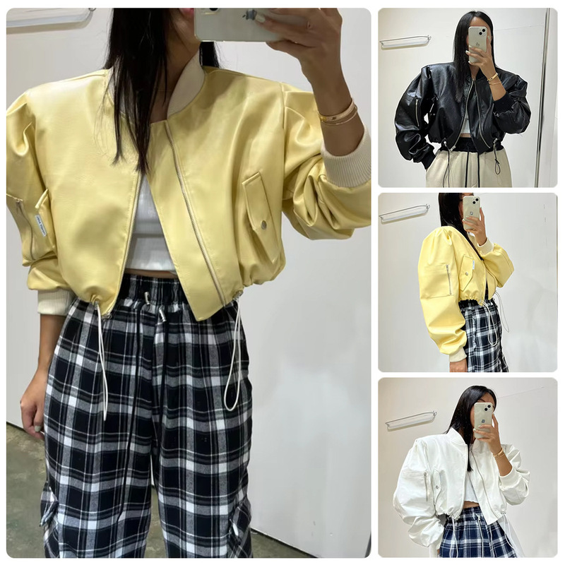 Multi-pocket workwear style loose-fitting short leather jacket PU short baseball jacket with ribbed stand-up collar and zipper flight jacket Multi-pocket workwear style loose-fitting short leather jacket PU short baseball jacket with ribbed stand-up collar and zipper flight jacket