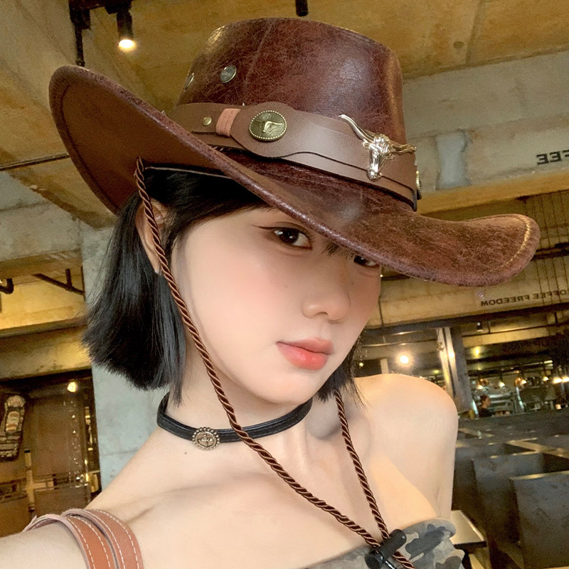 American Retro Rivet Western Cowboy Hat for Women Outdoor Travel Horseback Riding Large Brim Sun Protection Hat