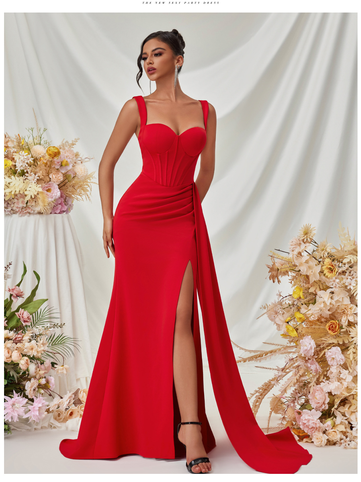 Nuevo vestido de noche sexy dividido de estilo europeo y americano, vestido largo con tirantes delgados de cadera de temperamento femenino de alta gama en stock