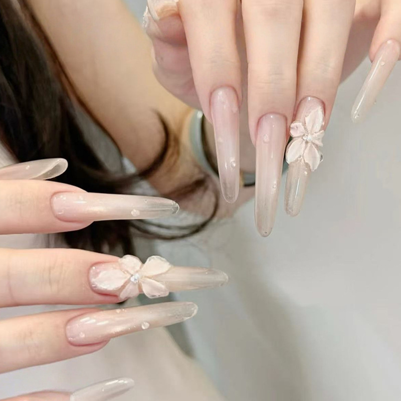 Flower Fairy Purely Handmade Manicure Wearable Nails High-Quality Three-Dimensional Relief Manicure Carved Whitening Nude Nails