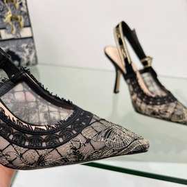 欧美2025春夏新款蕾丝细跟高跟鞋蝴蝶结凉鞋女鞋字母织带后空凉拖