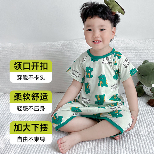 WUAWUA one-piece sleepwear for children, Category A, summer thin pure cotton air conditioning suit for infants and toddlers, boneless home short-sleeved sleepwear