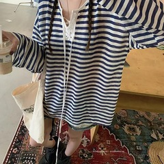 天丝2025新款法式条纹系带防晒长袖T恤清纯绑带上衣罩衫海军t蓝色