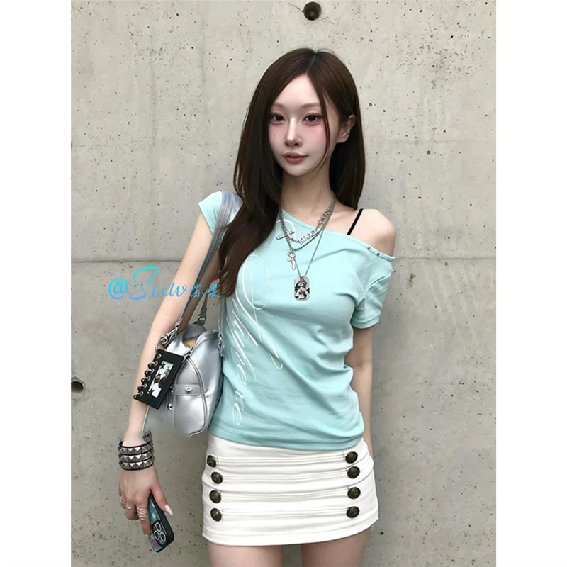 40-count pure cotton Korean-style casual off-shoulder T-shirt for women, summer mint green hollow lace patchwork off-shoulder short-sleeve top 40-count pure cotton Korean-style casual off-shoulder T-shirt for women, summer mint green hollow lace patchwork off-shoulder short-sleeve top