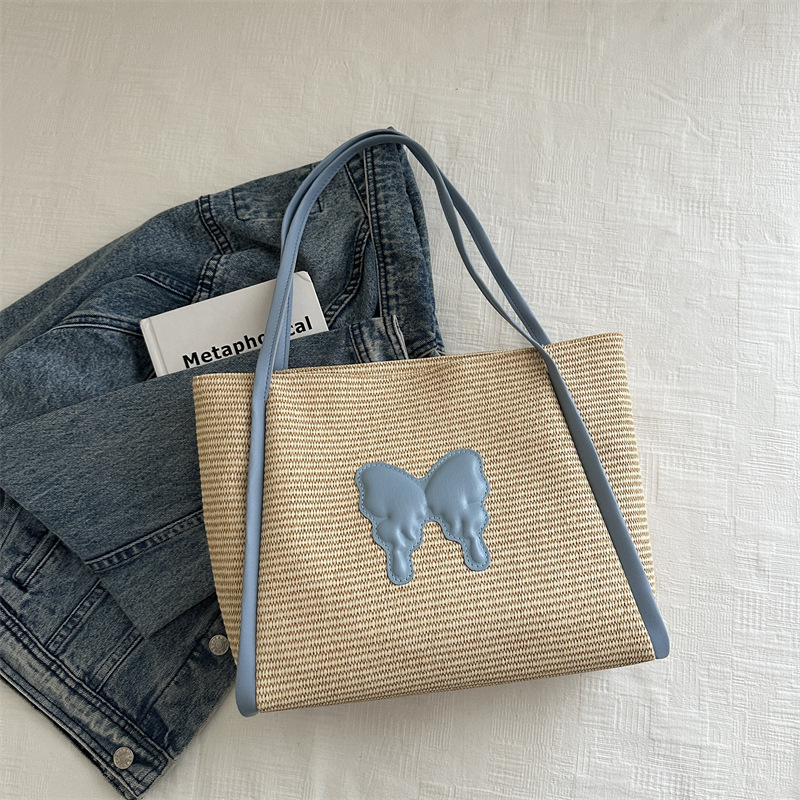 Bolsa de paja de gran capacidad para mujeres 2024 nueva mariposa de verano bolsa de viaje bolsa de tela bolsa de color contraste bolsa de playa