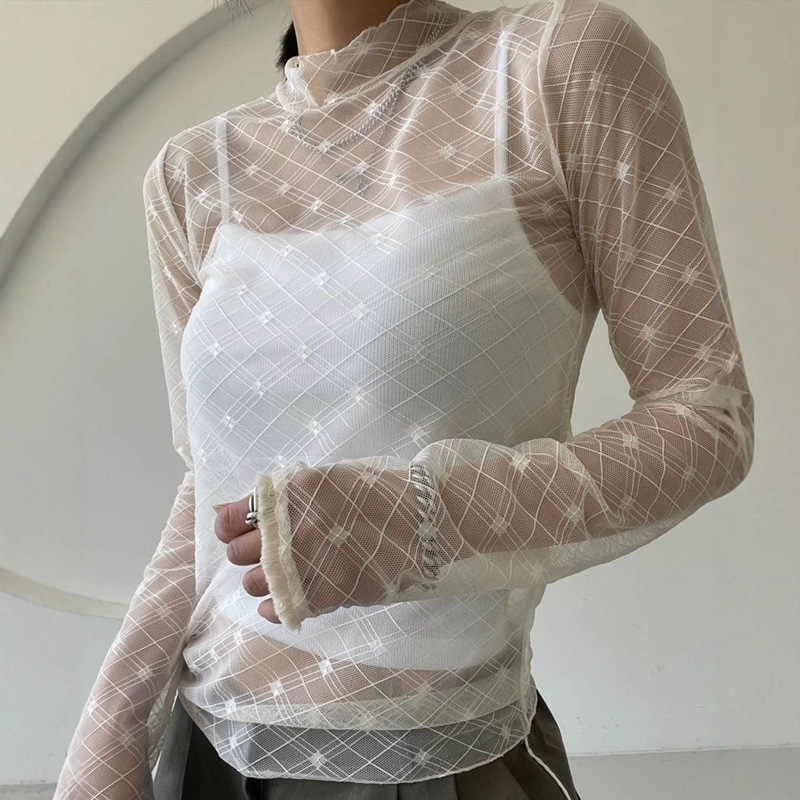 2-Color Autumn and Winter Basic Korean New Style Cuffs with Tassels and Lace Mesh Lace Bottoming Shirt Long-Sleeved T-Shirt