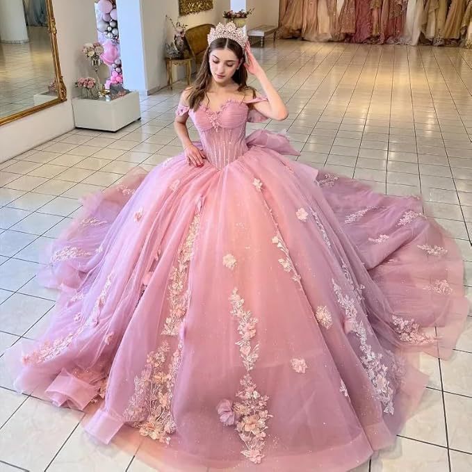 Pink Sweetheart Coming-Of-Age Ceremony Tulle 2026 New Floral Off-Shoulder Ball Gown Puffy Tulle Party Evening Dress
