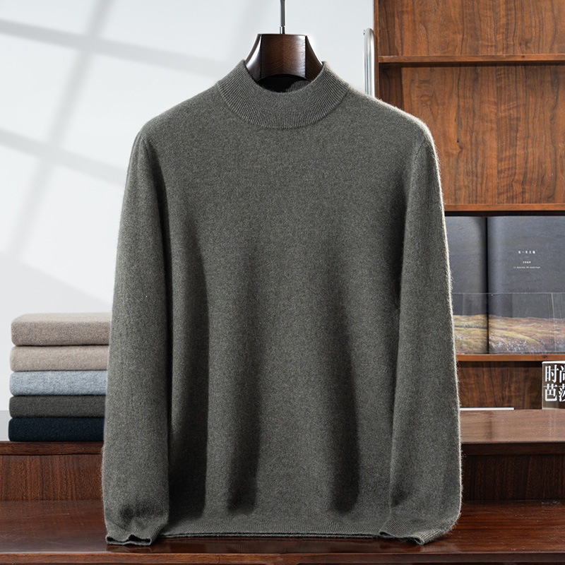 Seamless one-line autumn and winter cashmere men's half-turtleneck sweater, loose-fitting Korean style knitted plus-size wool base shirt, cross-border