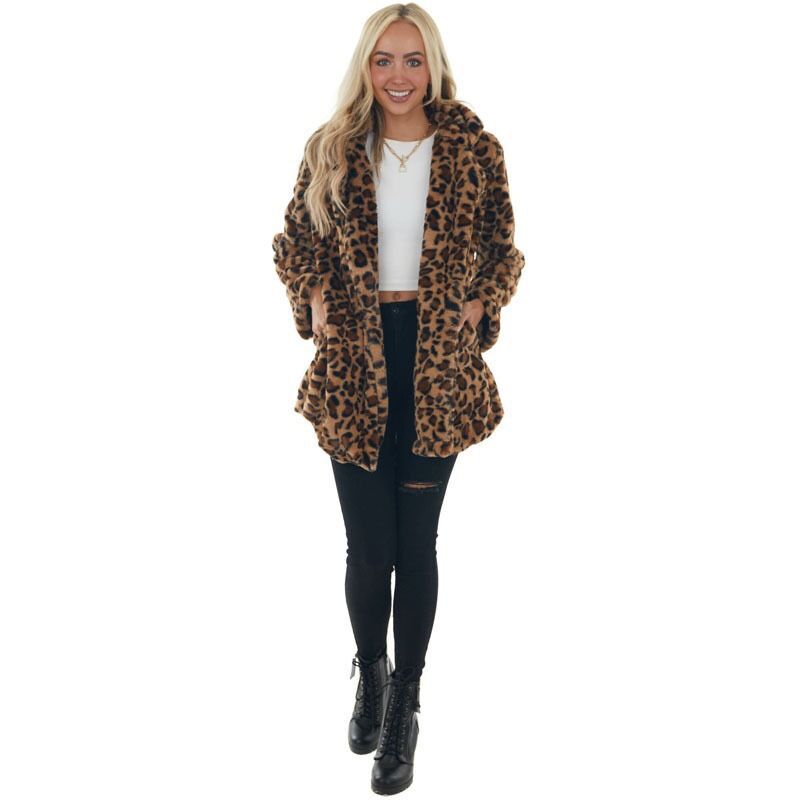 New Autumn and Winter Rabbit Fur Leopard Print Medium Length Women's Fashion and Temperament Jacket with Loose Pockets, Plush Women's Clothing_voghion.com