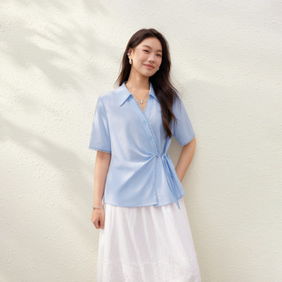 [Designed Lace Splicing Lace-Up Small V Neck Pure Cotton Shirt] Slim and Beautiful Plus Size Women's Clothing Fat mm Summer New Style
