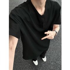 2025 夏アメリカンカジュアルメンズ半袖 Tシャツワッフルトップヘンリーシャツルーズレトロ Tシャツ