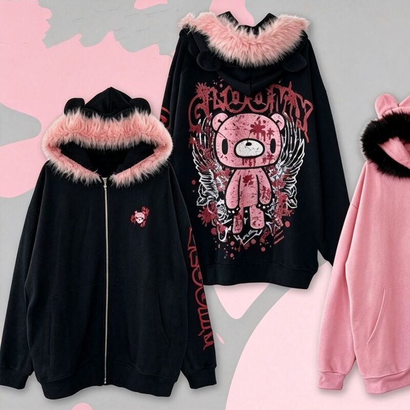 Japanese-style sweet and cool anime-inspired dark and edgy hoodie with contrasting colors, faux fur collar, bear ears, and a hood, perfect for autumn Japanese-style sweet and cool anime-inspired dark and edgy hoodie with contrasting colors, faux fur collar, bear ears, and a hood, perfect for autumn