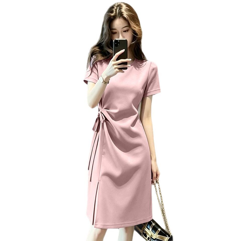 Đầm liền nữ dáng chữ A cổ polo tay ngắn buộc dây, xẻ tà, phong cách công sở thanh lịch — Màu hồng, màu đen