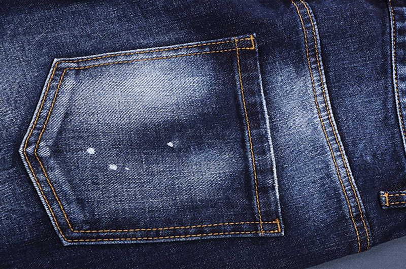 Men's Retro Blue Washed Jeans With Paint Splatter Effect Slim Fit Stretch Skinny Denim Pants Functional Design_viptrois.com
