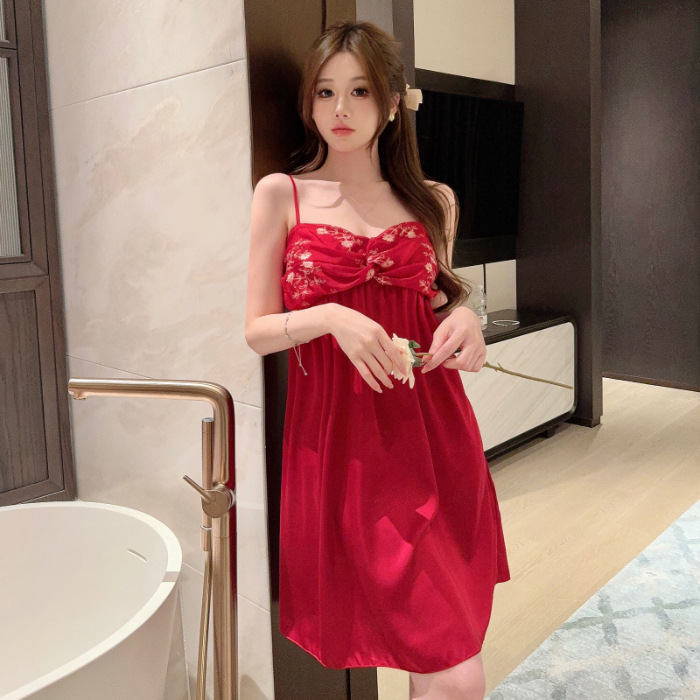 Pijamas de verano de cinta de color sólido cojín de pecho puro deseo de viento hielo y nieve silla cabdaja pijama de niñas bordado encaje sexy ropa para el hogar