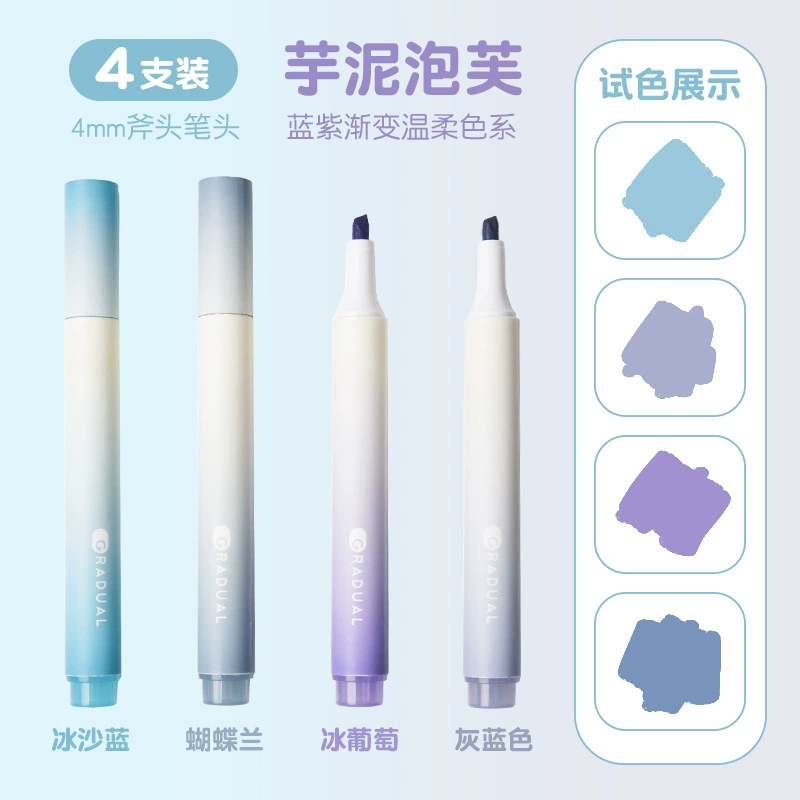 Fluorescent marker set, pastel 4-color, capacious design with eye-protection ink