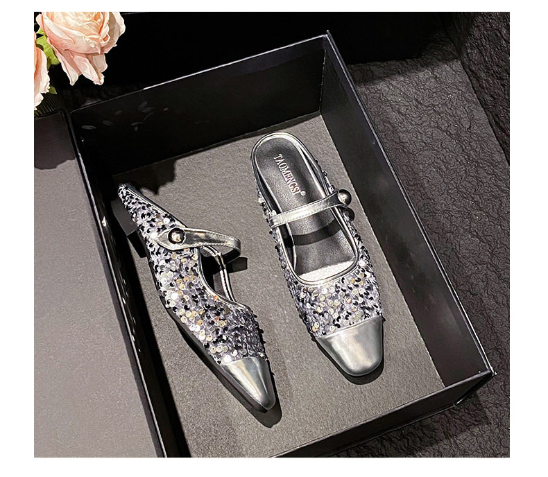Dép mule sandal nữ bít mũi vuông quai ngang đính sequin lấp lánh, gót thấp 1–3 cm — Màu bạc, Màu đen chi tiết 31