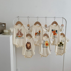 ins Nordic style baby short-sleeved romper, summer infant cotton hoodie, thin men's and women's baby one-piece with fart cover