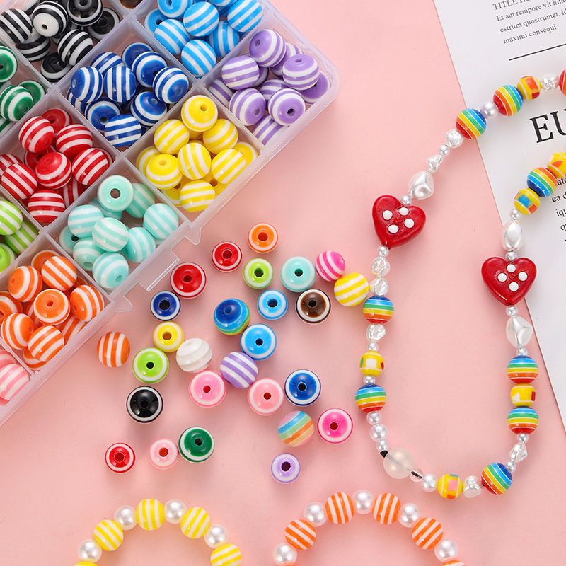 Macaron Color Ins Childish Lollipop Stripe Round Beads DIY Handmade Beaded Mobile Phone Chain Hanging Material Accessories