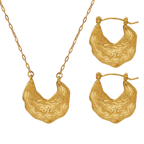 European and American irregular hammered texture necklace, unisex style, ear clip, titanium steel plated with 18K gold, personalized jewelry set