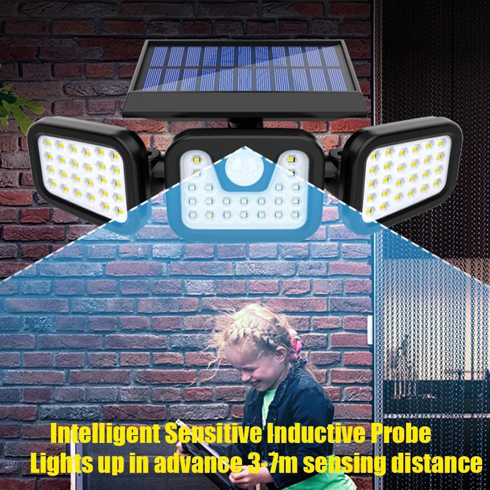 Inducción solar 74LED tres cabezas giratorias lámpara de pared luz al aire libre impermeable carretera iluminación de lámpara de calle