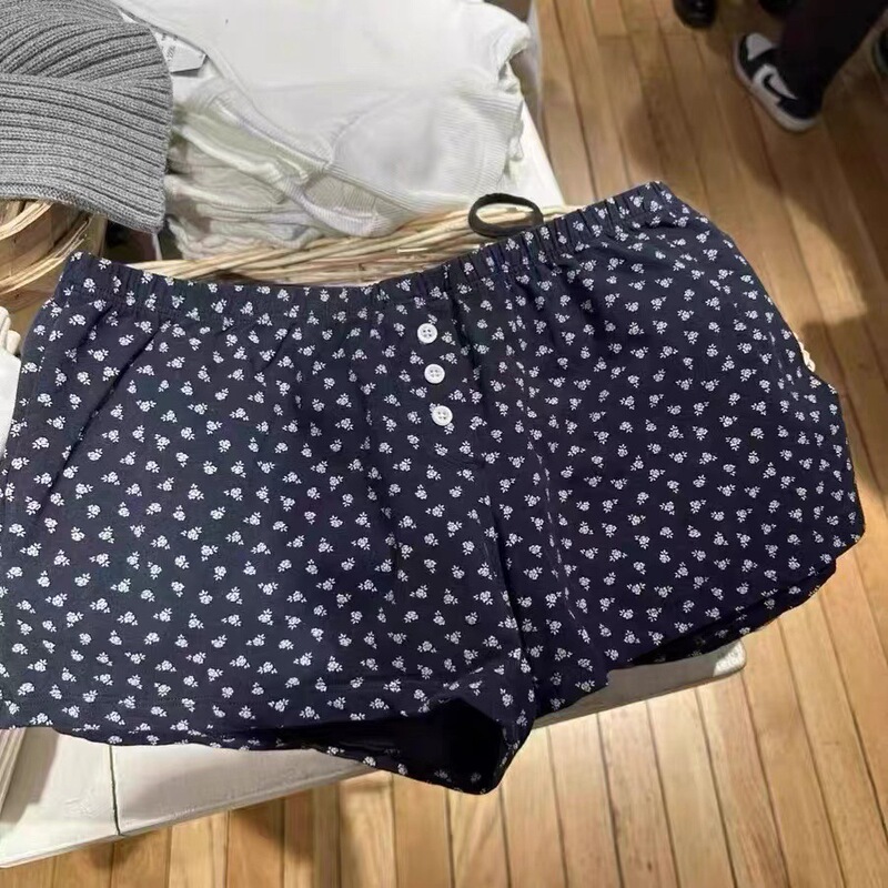 BM Style American Summer Cotton Low-waist Floral Three-button Threaded Shorts Home Casual Hot Pants Trendy