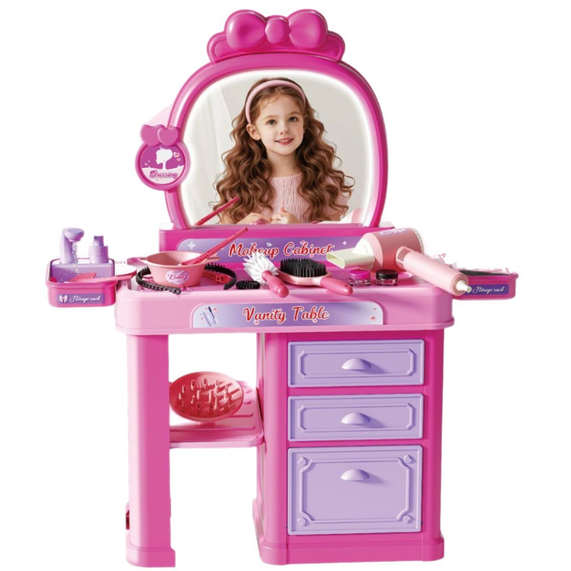 Comercio exterior infantil simulación de luces, música, princesa, joyas de maquillaje, tocador, secador de pelo, juguetes de mesa de maquillaje