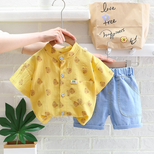 Children's Clothing 2022 Summer Infant and Toddler Suit Boys Short-Sleeved Bear Shirt Two-piece Clothes Suit Agency