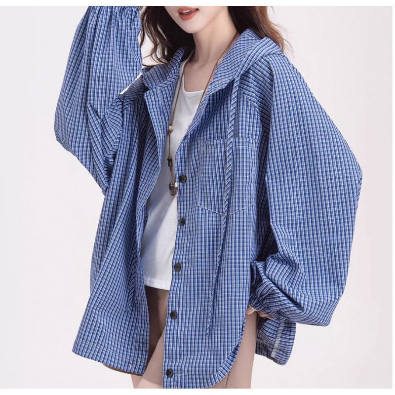 Retro Blue Plaid Hooded Shirt for Women 2025 Autum New Style Small Loose Slimming Look Lazy Jacket