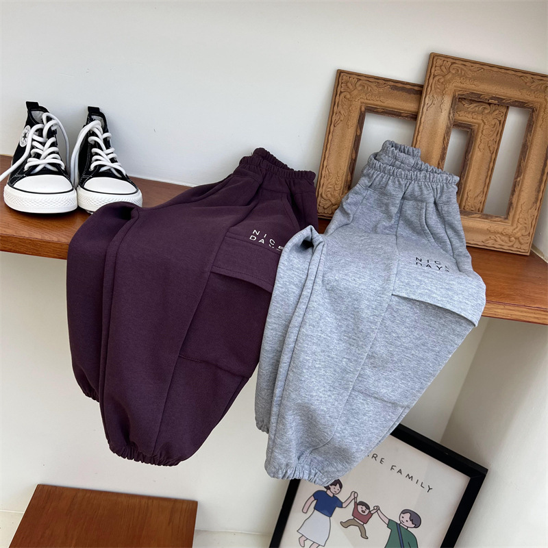 Pantaloni da lavoro e da sport per bambini autunnali 2024 per ragazzi e ragazze, tinta unita, con grandi tasche e lettere_voghion.com