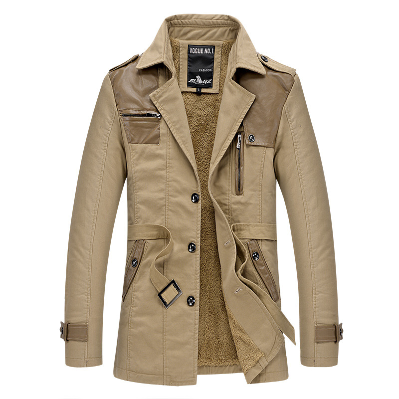 Gabardina para hombre, estilo transfronterizo, forrada de lana y gruesa, corte ajustado, chaqueta de longitud media para otoño e invierno, estilo casual, retro, para comercio exterior.
