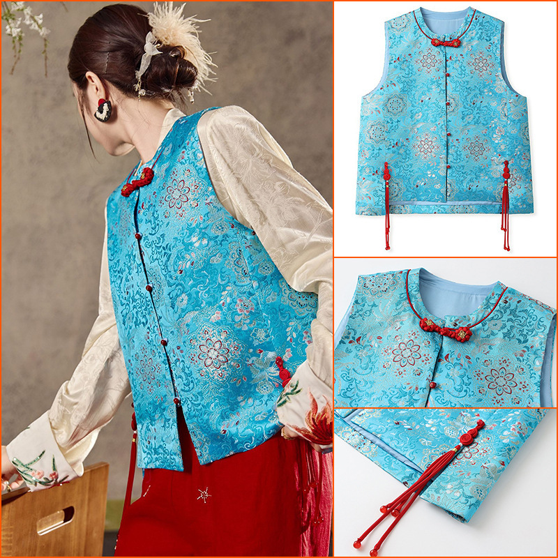 New Chinese Style Jacquard Embroidery Light Luxury High-End Vest Retro Chinese Style Buckle Autumn New Vest for Women N7046