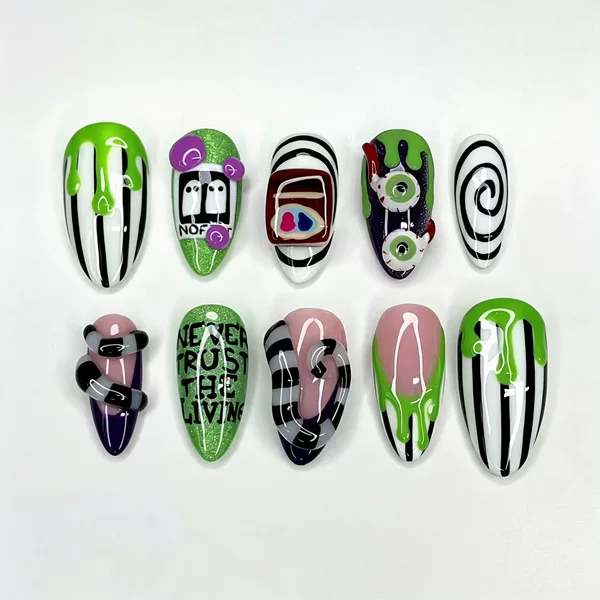 Halloween hot-selling sweet and cool blood-droplet almond-shaped press-on nails with 3D horror eyeball design, in stock for wholesale