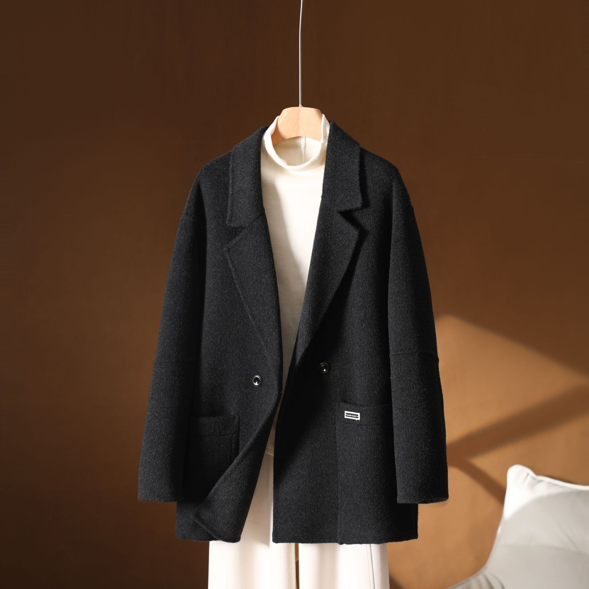 秋冬宽松西装款双面羊绒大衣女中长宽松茧型一手长毛呢外套女严选