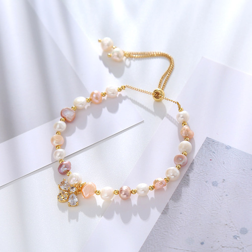 Baroque Aberrant Freshwater Pearl Micro-set Zirconia Small Honeybee Bracelet Instagram Fashion Minimalist Korean Style Fashion Accessory