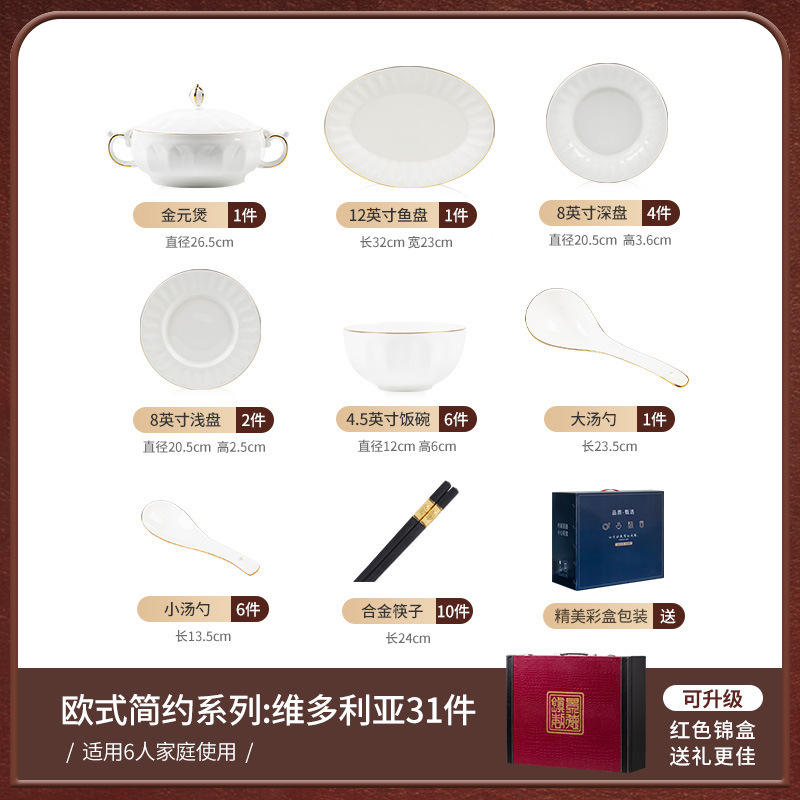 景徳鎮の軽い豪華な碗の皿のセットの家庭用の骨の磁器の線の碗の食器の器の組み合わせの簡単な碗の皿の料理の料理のセット|undefined
