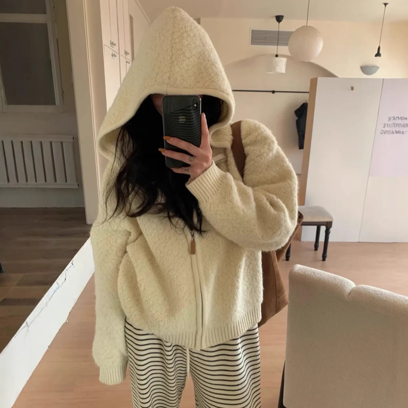 Soft and Cozy Hooded Lambswool Knit Jacket for Women, 2025 Autumn New Style, Loose Zipper-Style Long-Sleeve Sweater for Layering