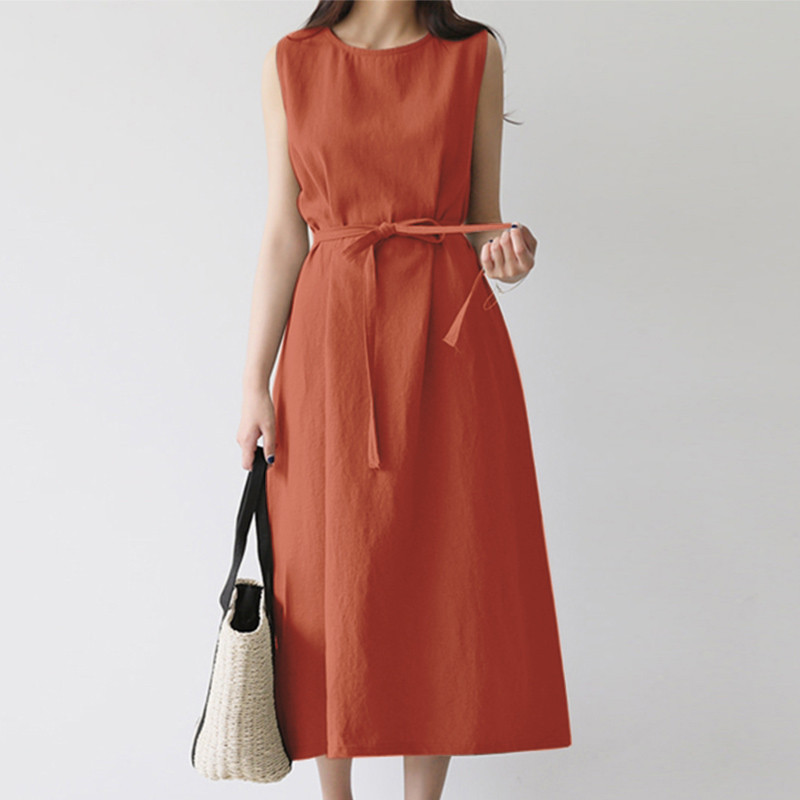 European And American Cross-border Women's Fashion Loose Bohemian Sleeveless Round-neck Solid Color Cotton-linen Long_ecoleips.com