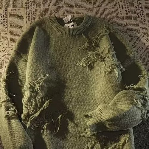 Vintage American High Street Ripped Sweater for Men and Women, Autumn and Winter, Instagram Casual Style, High-End Design Sense, Niche Knitwear