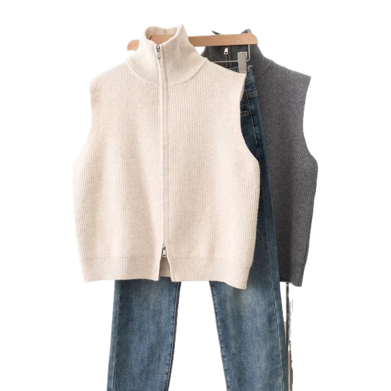 Retro collar de hombro de punto chaleco de mujer otoño invierno nuevo cardigan chaqueta de diseño suéter con cremallera suelta clip de caballo